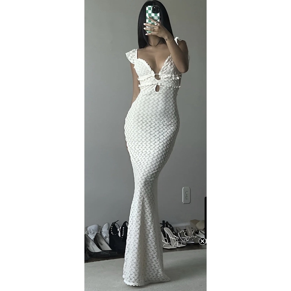 Commense Semi Sheer Pearl Keyhole Neckline Cami Maxi Dress Size M Boho Bridal